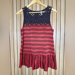Free People Eyelet Lace Stripe Peplum Tank Red Blue Small Petite